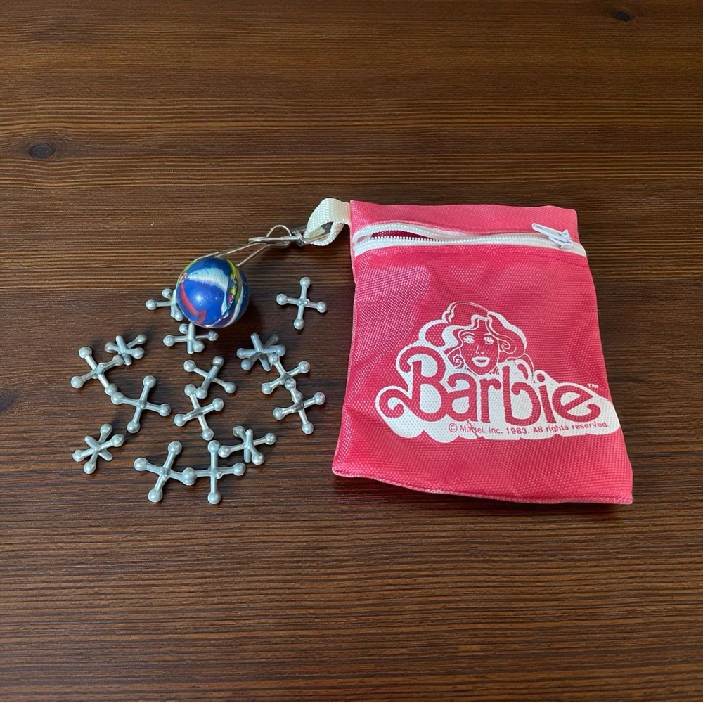1983 Barbie Jacks Zipper Pouch with Clip, Ball, 15 Jacks
